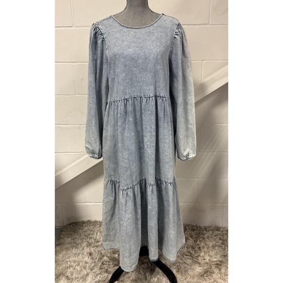 In February Acid Washed Boho Western Tiered Denim Midi Dress Blue Pockets Size M - Picture 1 of 9